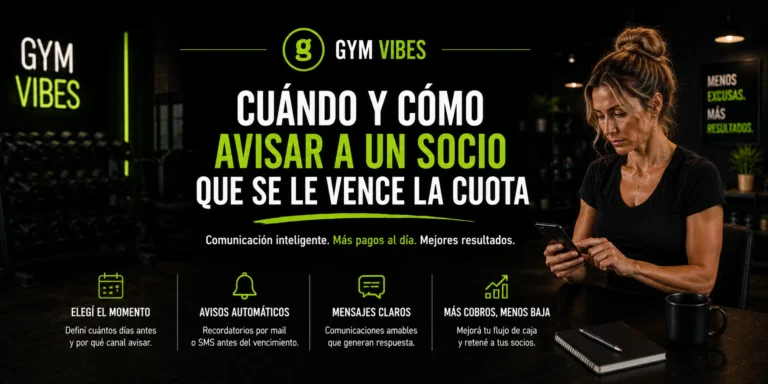mujer usando el sistena de gestion de gimnasion gymvibes para dar aviso de vencimiento de cuota