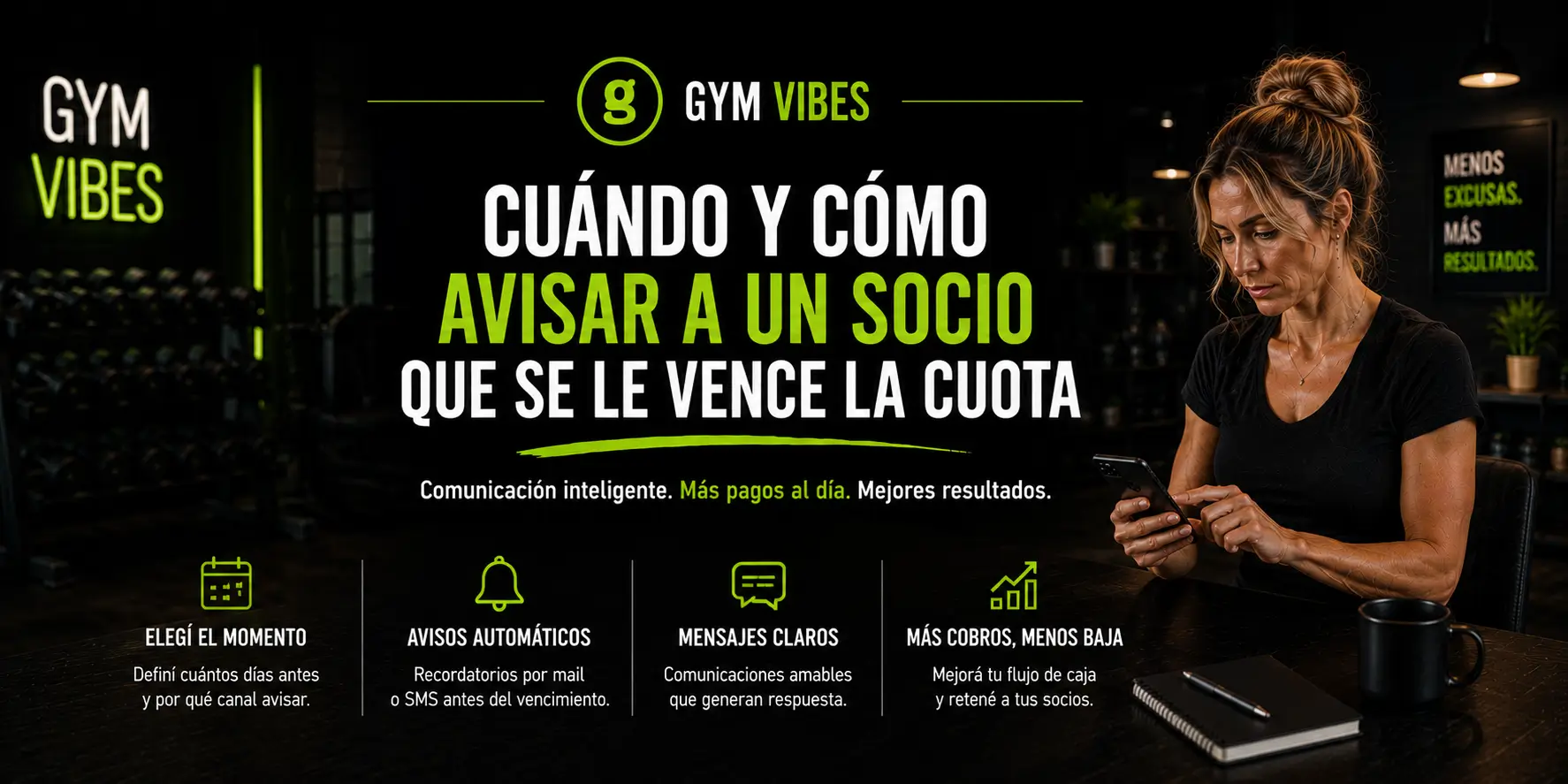 mujer usando el sistena de gestion de gimnasion gymvibes para dar aviso de vencimiento de cuota