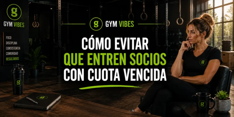 imagen del interior de un gimnacio y mujer pensando y usando gymvibes software de gestion para centros deportivos