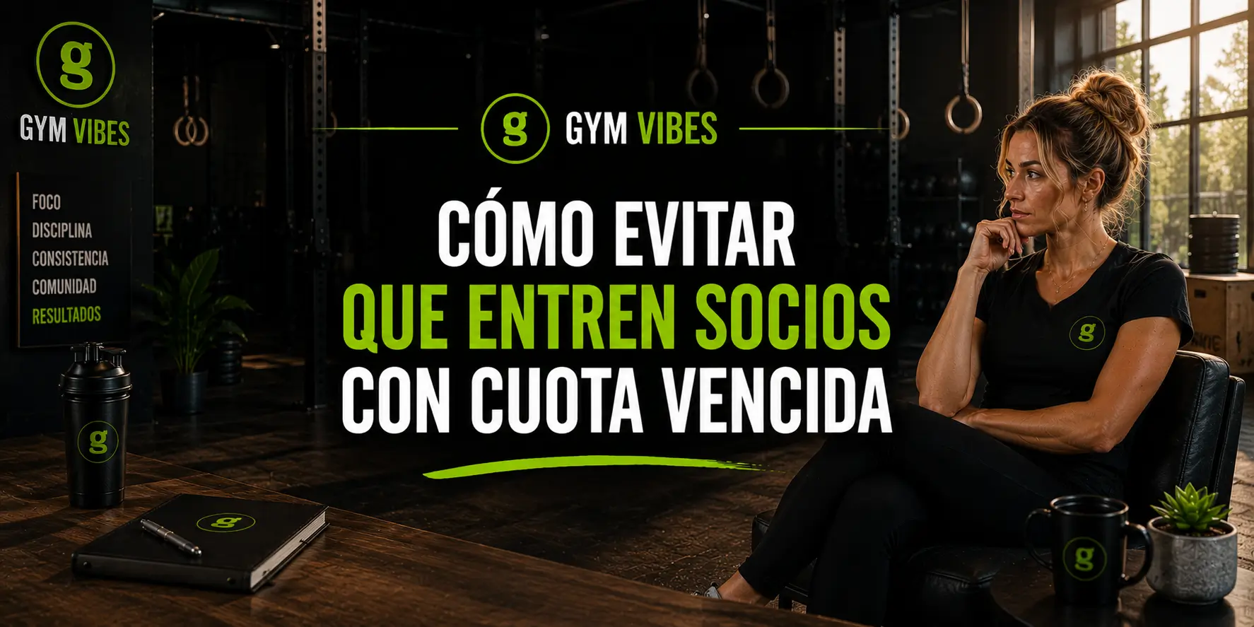 imagen del interior de un gimnacio y mujer pensando y usando gymvibes software de gestion para centros deportivos