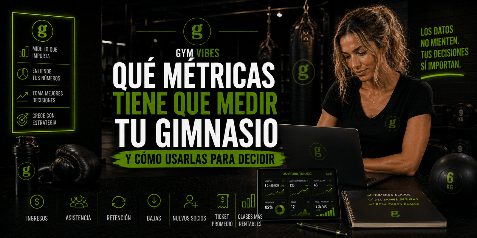 mujer analizando metricas de su gimnasio con el software gymvibes