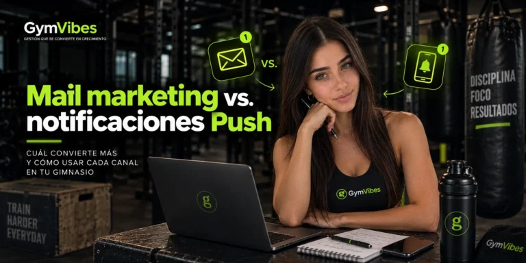 dueña de gimnasio decidiendo si enviar mail o notificaciones push con gymvibes, software de gestion para gimnasios