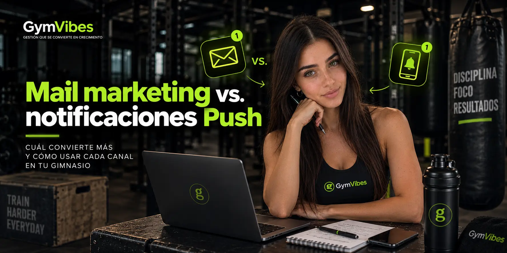 dueña de gimnasio decidiendo si enviar mail o notificaciones push con gymvibes, software de gestion para gimnasios