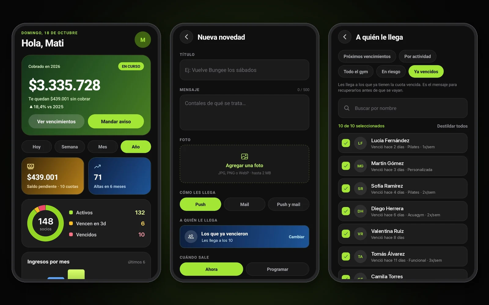 App del dueño de GymVibes: cobrado en el año, saldo pendiente y aviso por push o mail a los socios con la cuota vencida