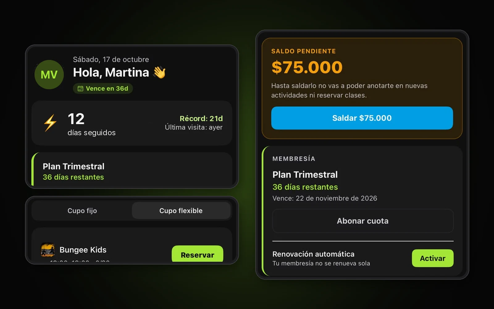 App para socios de GymVibes: inicio con vencimiento y racha, reserva de clases y pago de la cuota