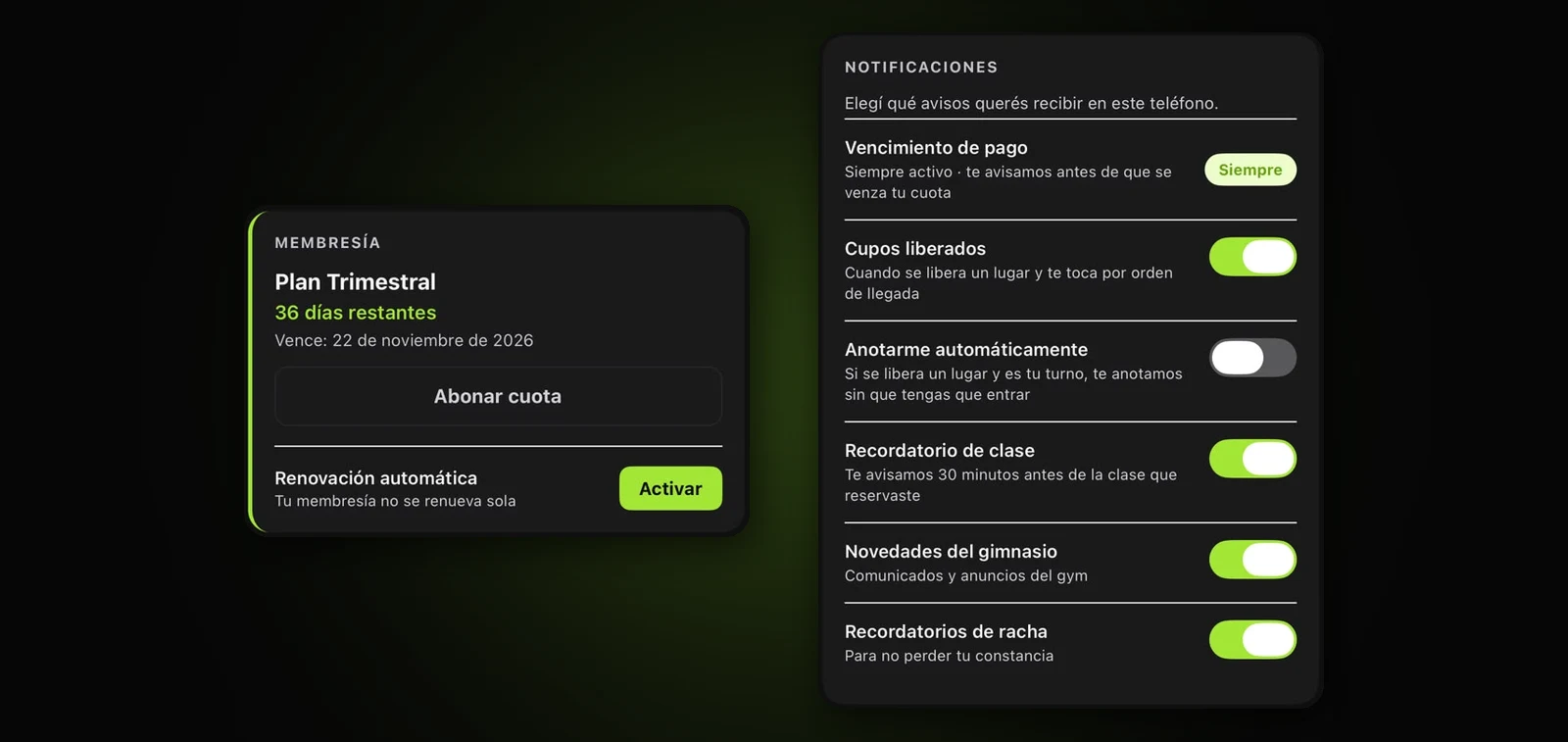 App del socio de GymVibes: días restantes de la membresía y aviso de vencimiento de pago siempre activo