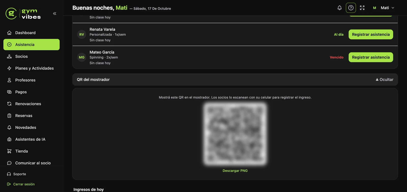 QR del mostrador en GymVibes para el check-in de los socios, con opción de descargarlo