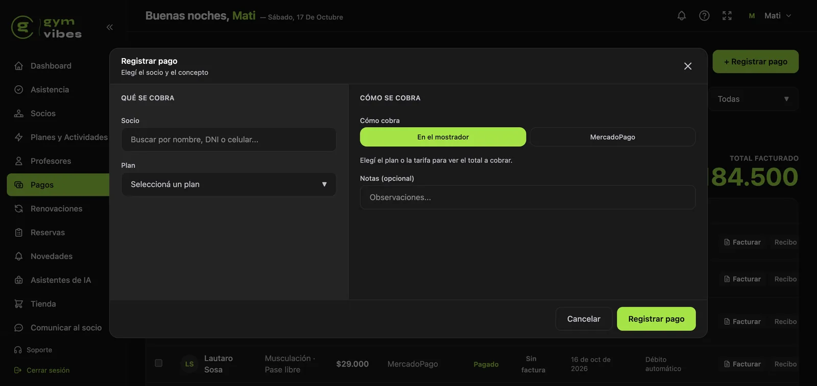 Ventana para registrar el pago de una cuota en GymVibes